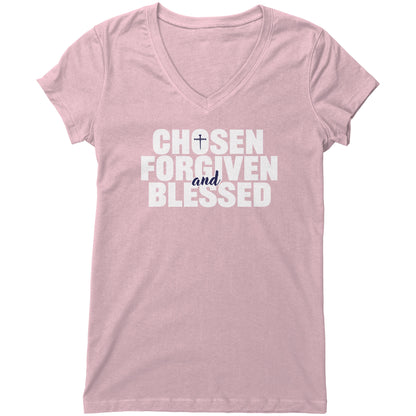 Chosen, Forgiven & Blessed Women's V-Neck Tee